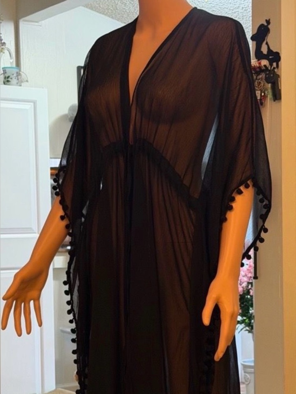Nine West Black Sheer Pom-Pom Trim Cover-Up Robe